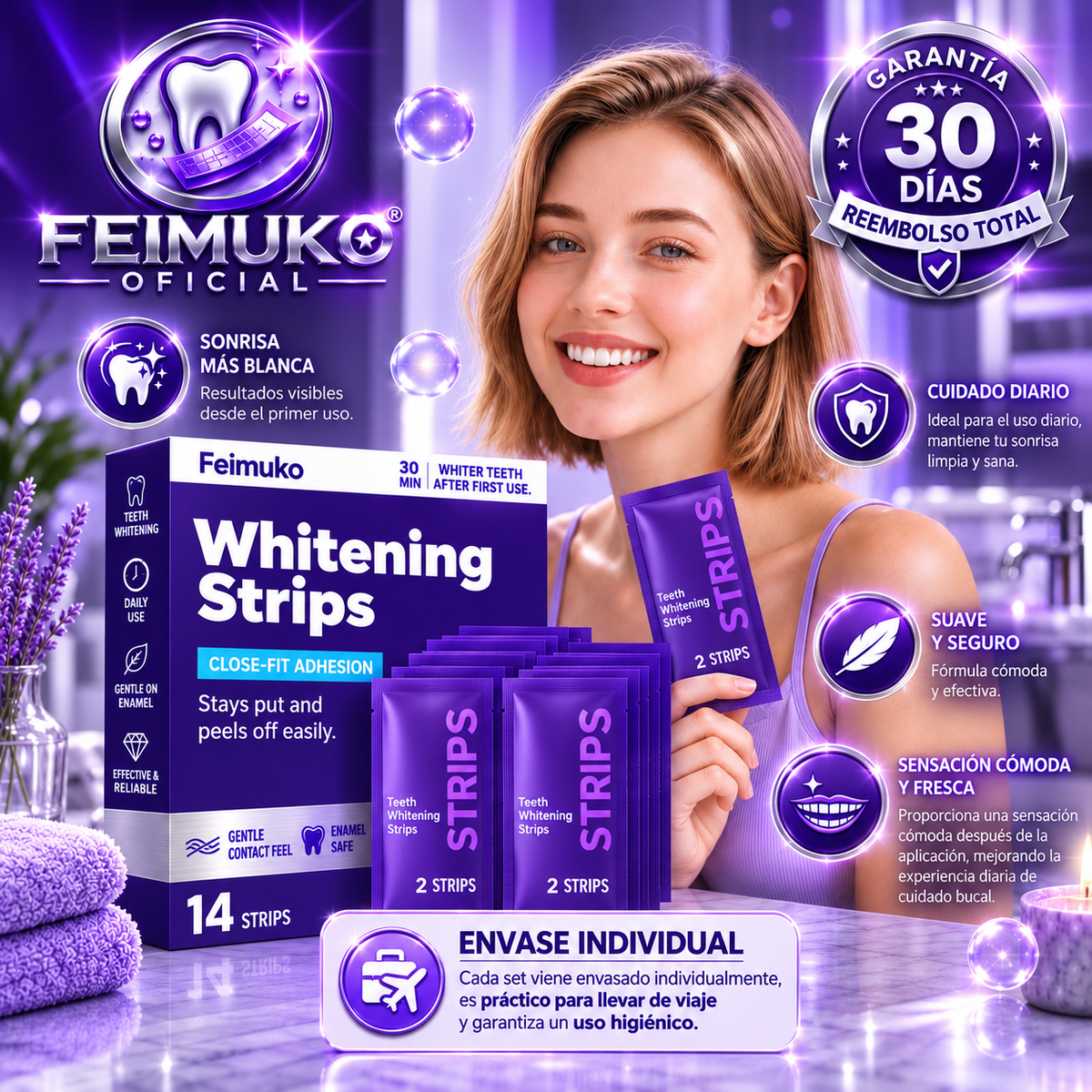 Tiras Blanqueadoras Feimuku® — Sonrisa más blanca en 30 min