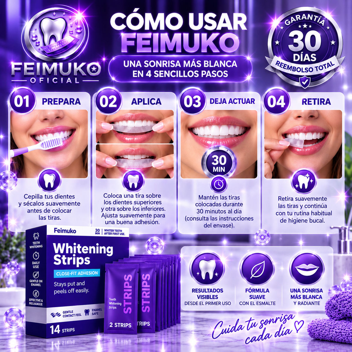 Tiras Blanqueadoras Feimuku® — Sonrisa más blanca en 30 min