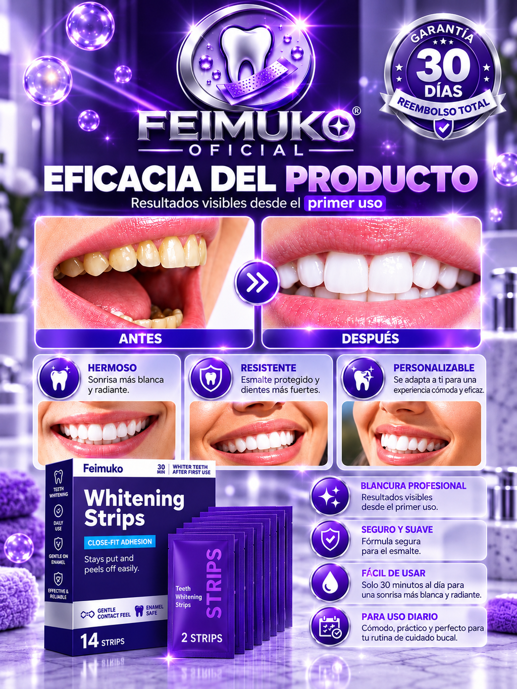 Tiras Blanqueadoras Feimuku® — Sonrisa más blanca en 30 min